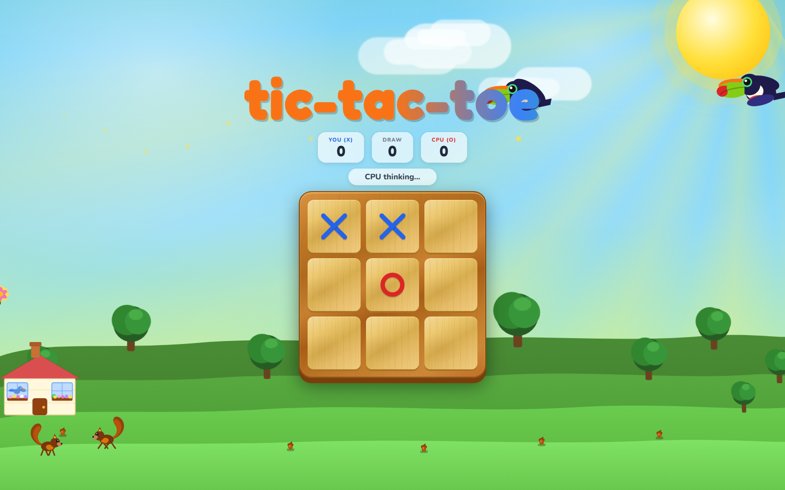 Tic-Tac-Toe daytime gameplay with birds and squirrels