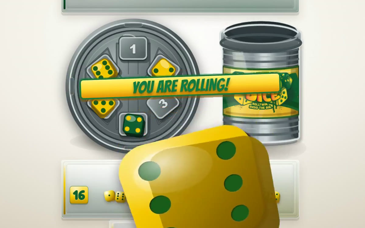Trash Dice digital companion gameplay: YOU ARE ROLLING — a giant die tumbling over the dice tray and branded trash can